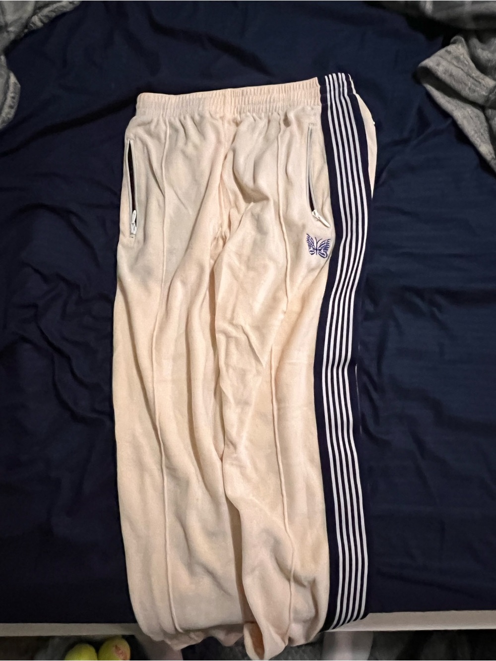 Needles Cream Sweatpants with Navy Side Stripes and Butterfly Logo